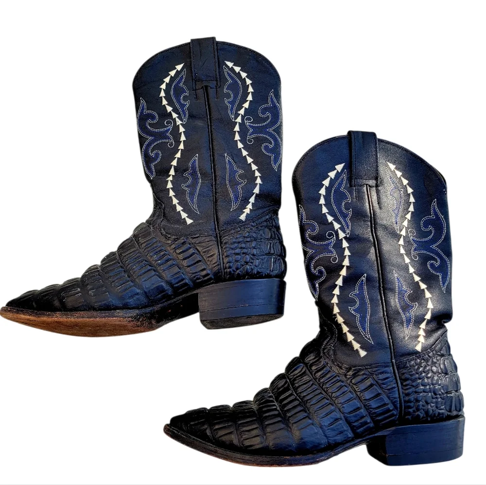 Gran Lider Black Caiman Exotic Leather Crocodile Western Embroidery Boots Unisex